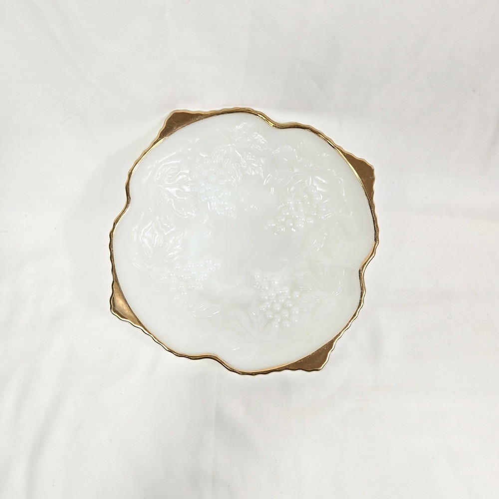 Vintage Anchor Hocking Gold Trimmed Embossed Grape Leaf Milk Glass Pedestal Bowl